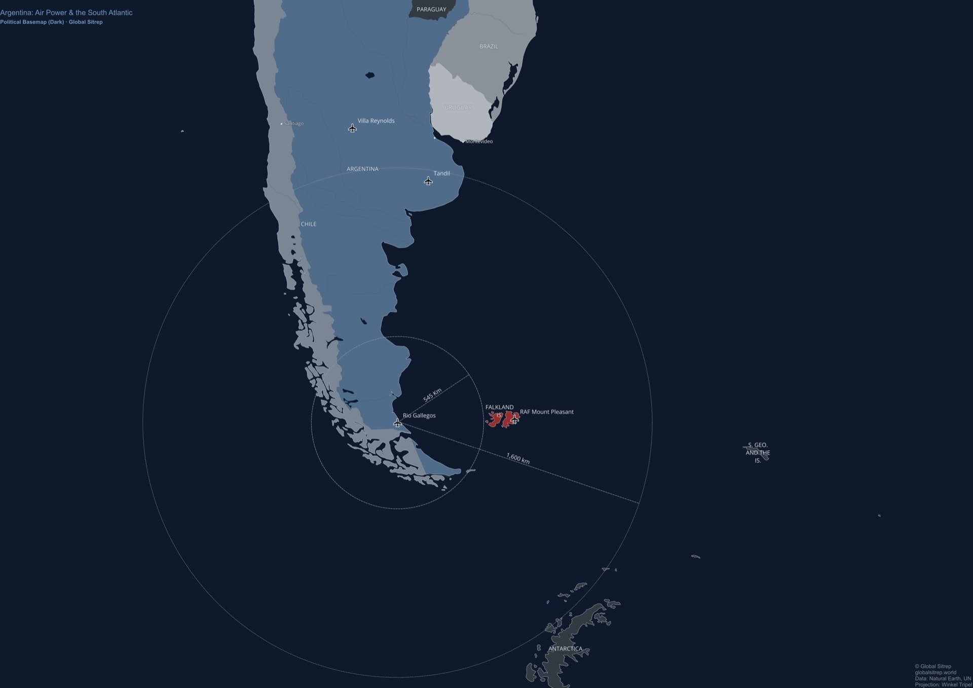 Strategic map of the South Atlantic showing Argentina, the Falkland Islands, and air combat ranges