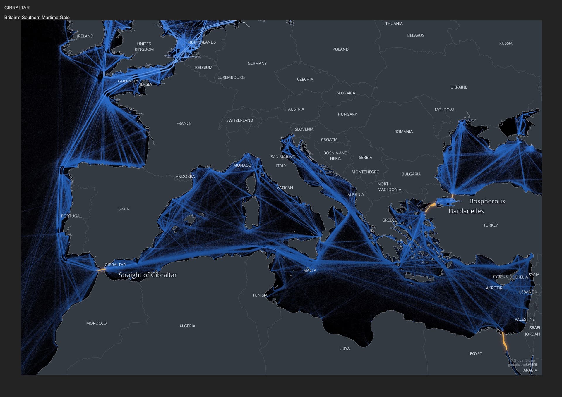 Strategic map of the Strait of Gibraltar showing shipping lanes and territorial waters