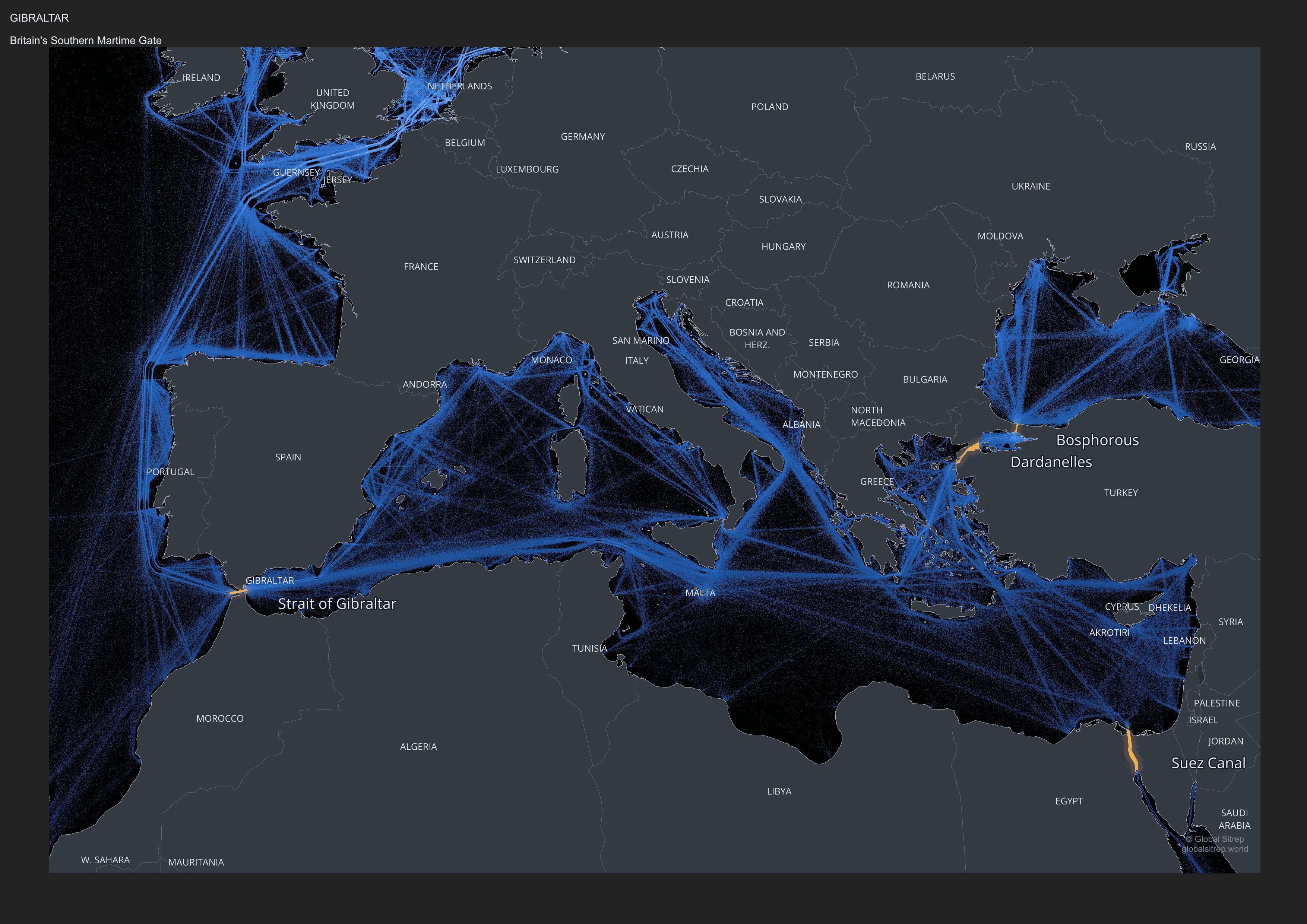 Strategic map of the Strait of Gibraltar showing shipping lanes and territorial waters