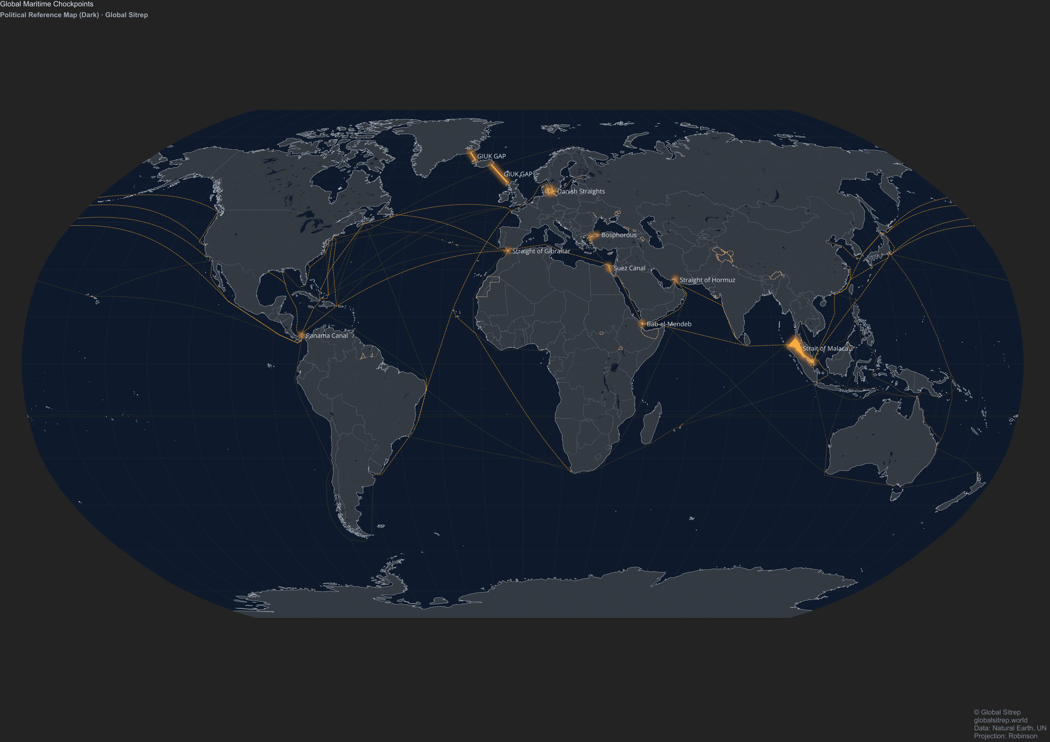 World map highlighting critical maritime chokepoints including the Strait of Hormuz, Bab el-Mandeb, Suez Canal, Strait of Malacca, and GIUK Gap