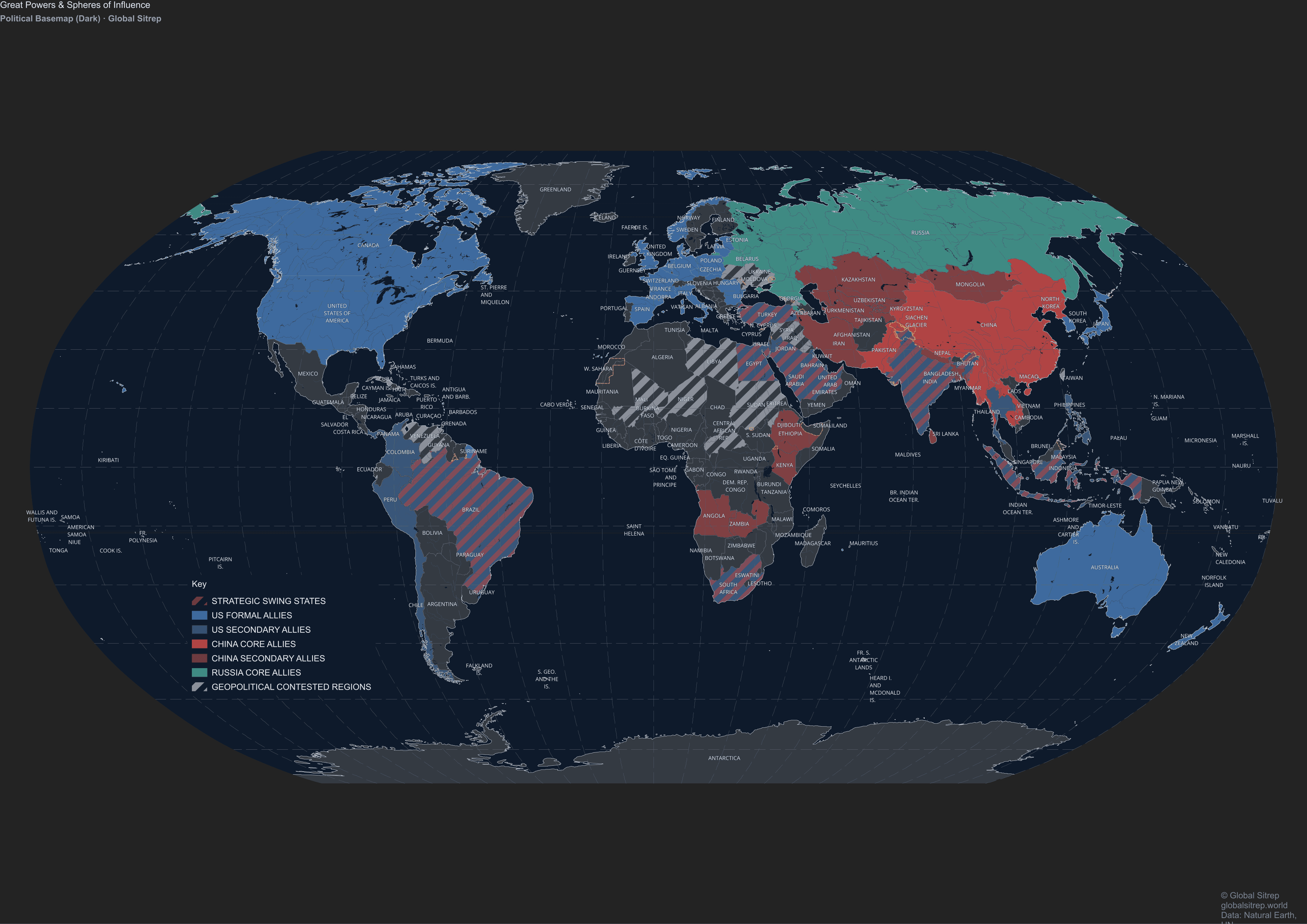 World map showing overlapping spheres of influence of the United States, China, and Russia