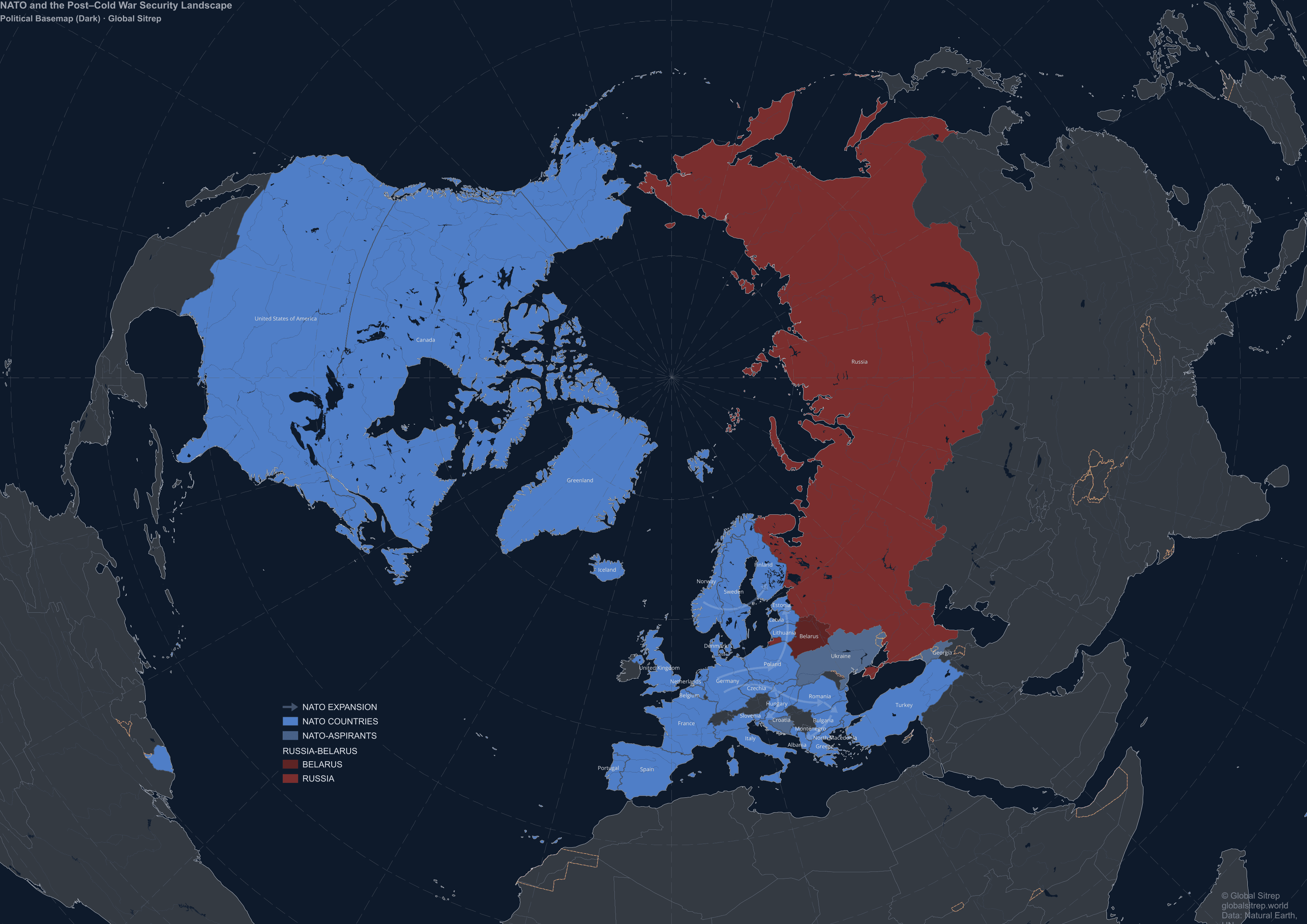 Polar-centred map of NATO showing the Arctic and North Atlantic approaches including Greenland, Iceland, and the GIUK Gap