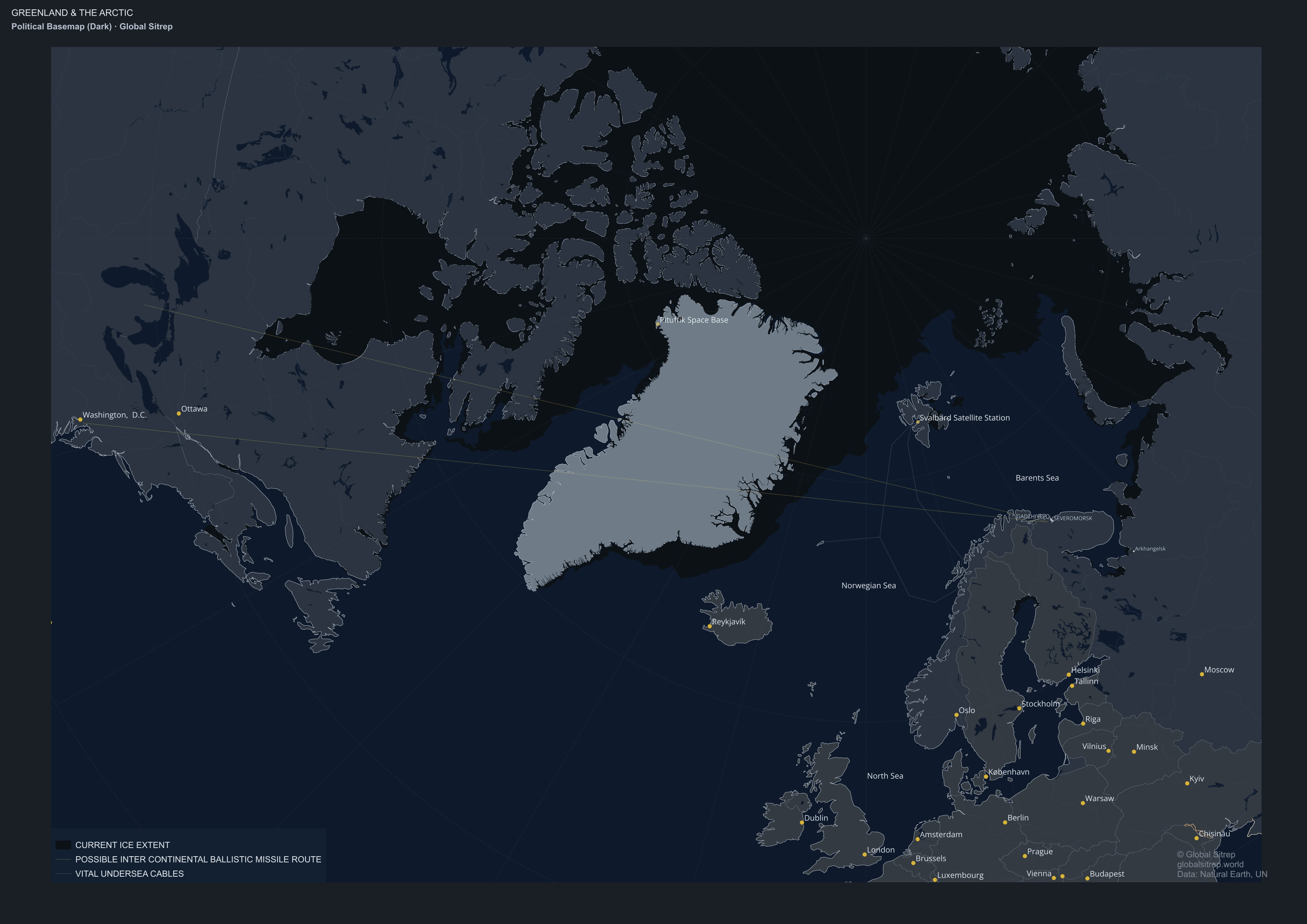 Map: Greenland, the Arctic, and intercontinental missile trajectories