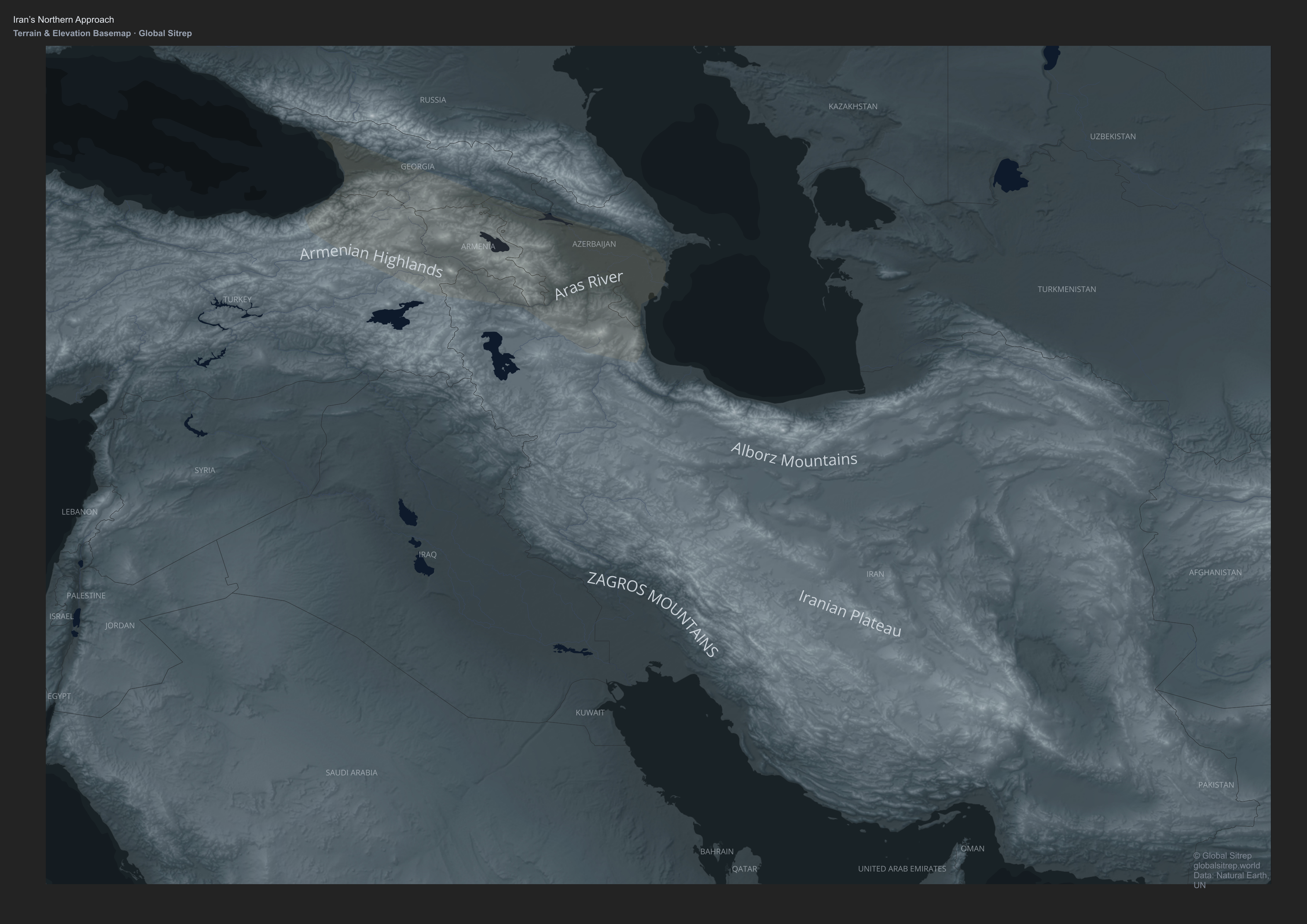 Map: Iran northern approaches, the Aras River basin, and South Caucasus interface