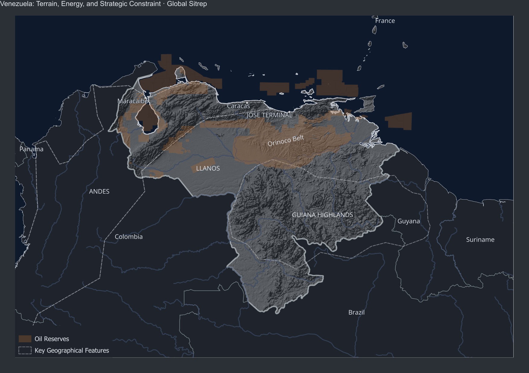 Map: Venezuela terrain, oil regions, and internal geographic constraints